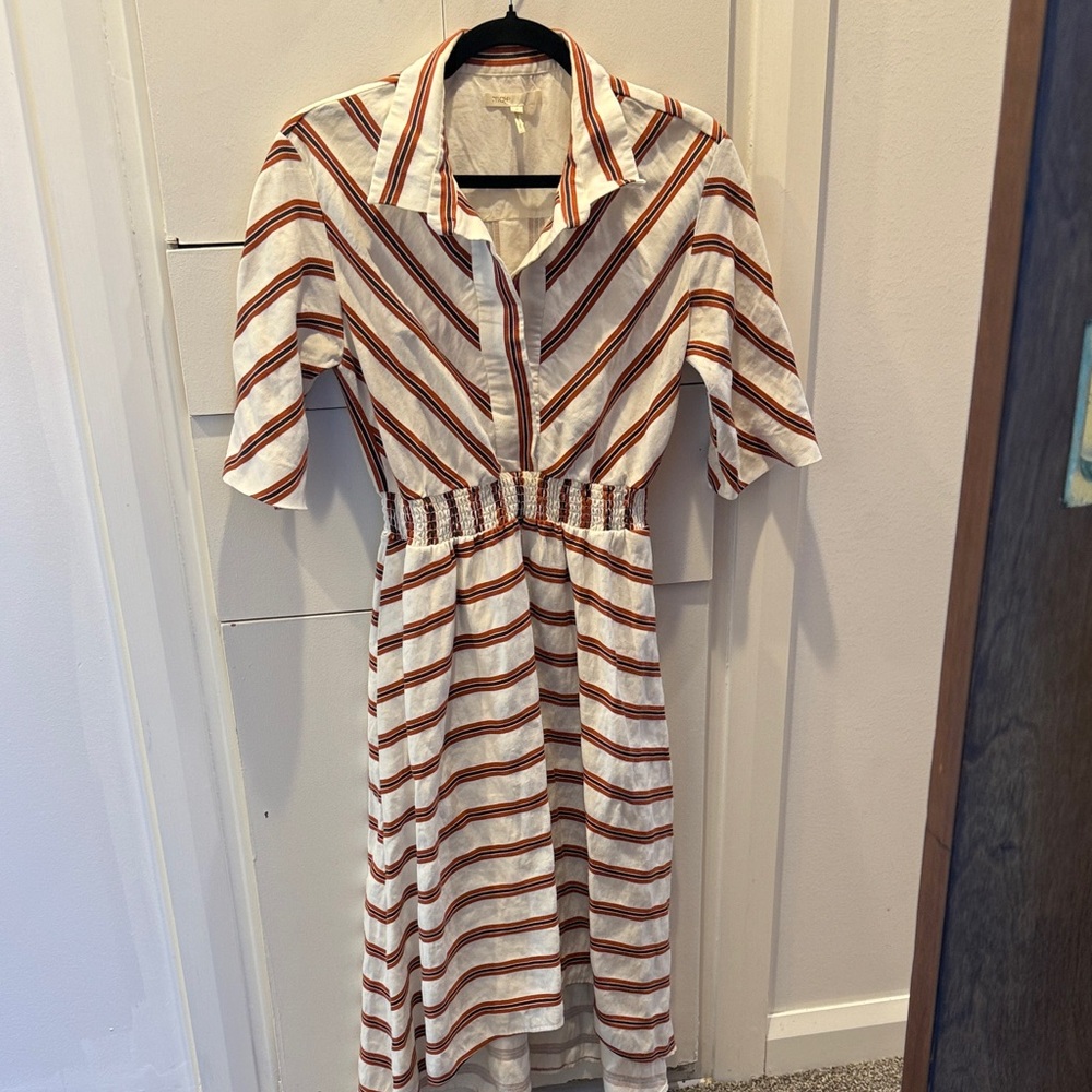 Maje White and Brown Striped Midi Dress